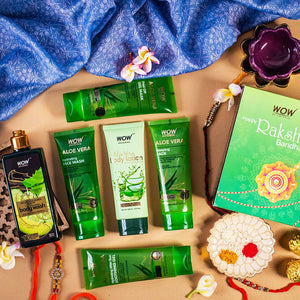 WOW Skin Science Luxuriant Aloe Vera Kit - Rakshabandhan Special - Contains Aloe Vera Body Lotion, Soothing Gel, Face Wash, Peel Off Mask & Body Wash - 750 ml