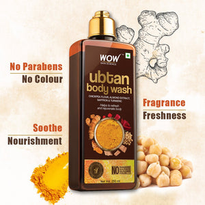 WOW Skin Science Ubtan Body Wash with Chickpea Flour, Almond Extract, Saffron & Turmeric Extracts - No Sulphate, Parabens, Silicones & Color - 250 ml