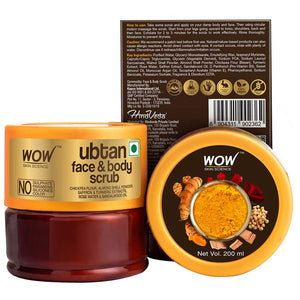 WOW Skin Science Ubtan Face & Body Scrub with Chickpea Flour, Almond Shell Powder, Safron & Turmeric Extracts, Rose Water & Sandalwood Oil Scrub - 200 ml